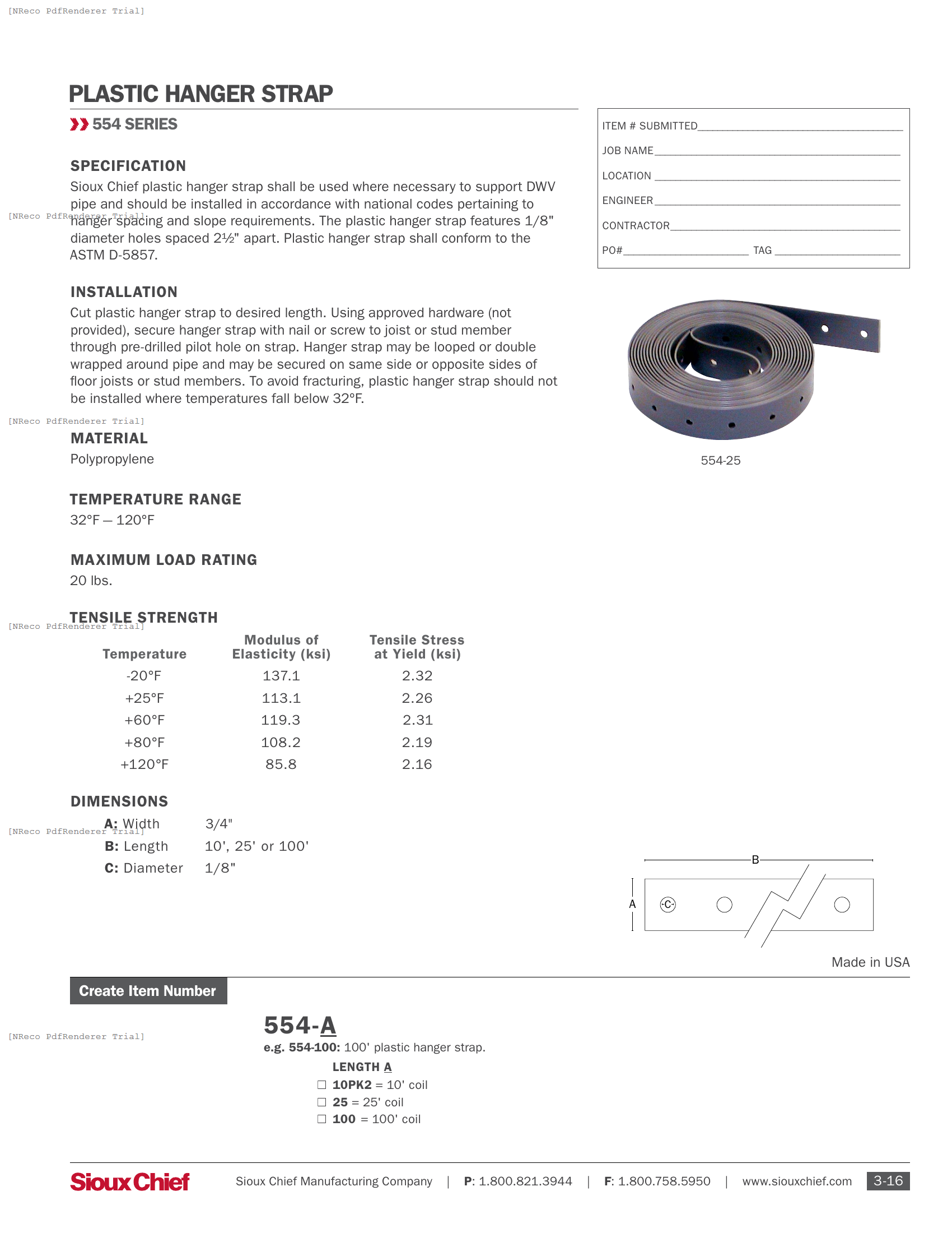 554 SERIES - PLASTIC HANGER STRAP - SPEC SHEET.PDF Specification Document